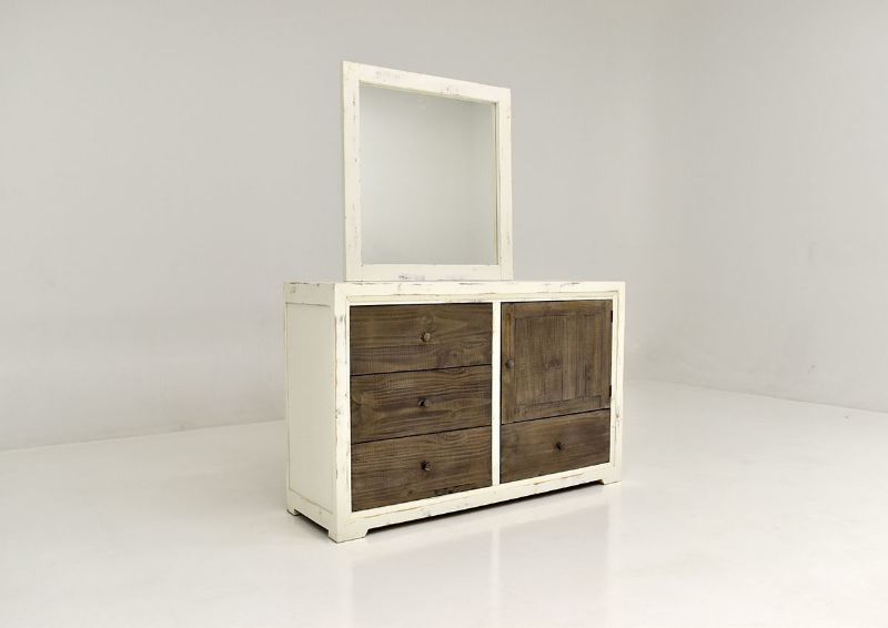 Slightly Angled View of the Two-Tone White with Brown Windjammer Dresser with Mirror by Vintage Furniture | Home Furniture Plus Bedding