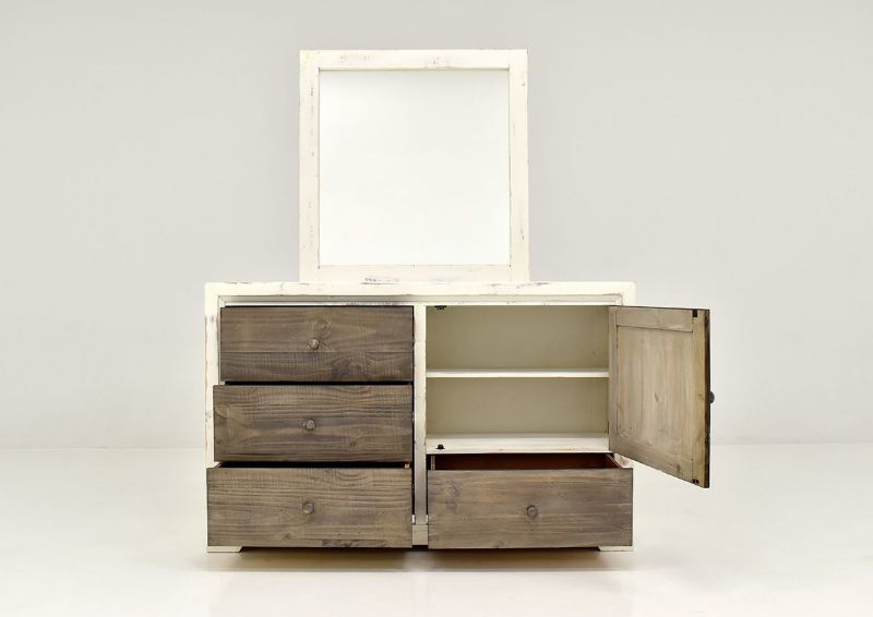 Front Facing View of the Two-Tone White with Brown Windjammer Dresser with Mirror by Vintage Furniture with Drawers and Cabinet Door Opened | Home Furniture Plus Bedding