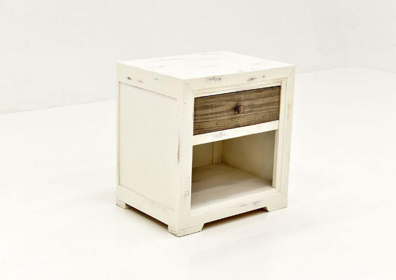 Slightly Angled View of the Two-Tone White with Brown Windjammer Nightstand by Vintage Furniture | Home Furniture Plus Bedding