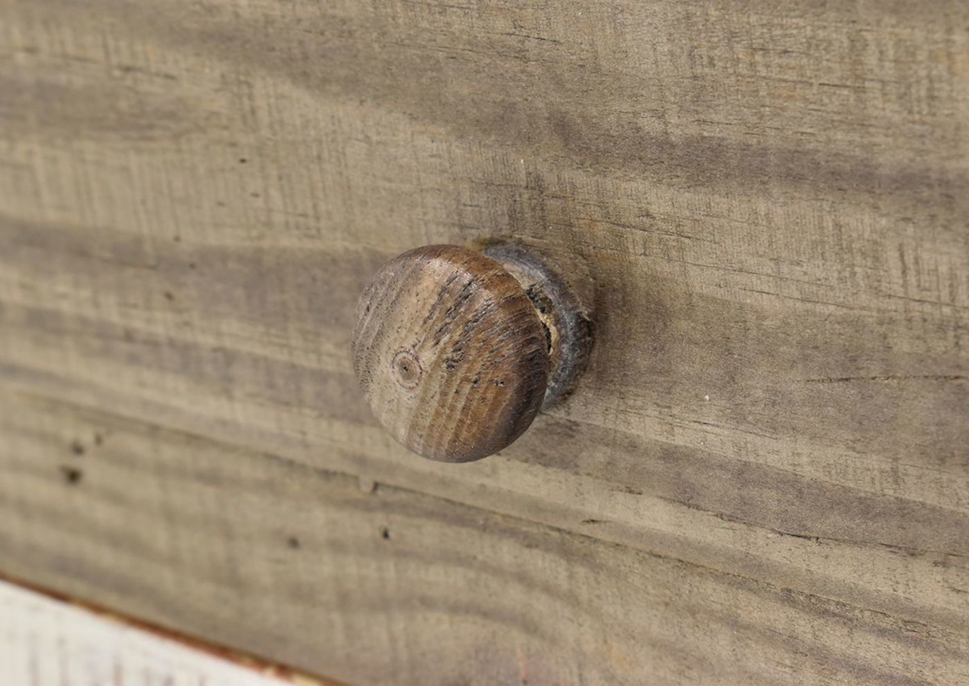 Close Up View of the Wooden Knob on the Two-Tone White with Brown Windjammer Nightstand by Vintage Furniture | Home Furniture Plus Bedding