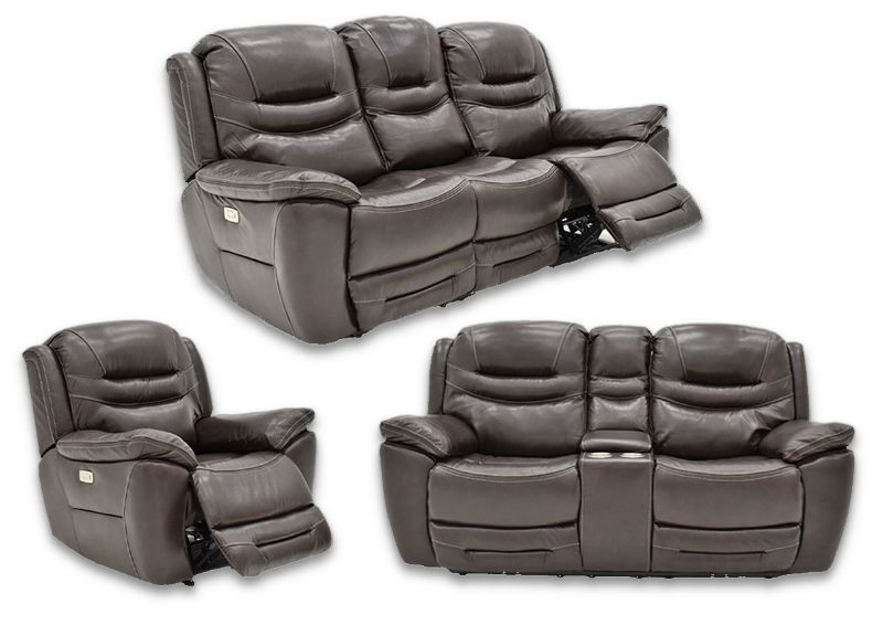 Dallas Power Activated Reclining Sofa Set with Brown Top Grain Leather Upholstery. Includes Reclining Sofa, Reclining Loveseat and Recliner | Home Furniture Plus Bedding