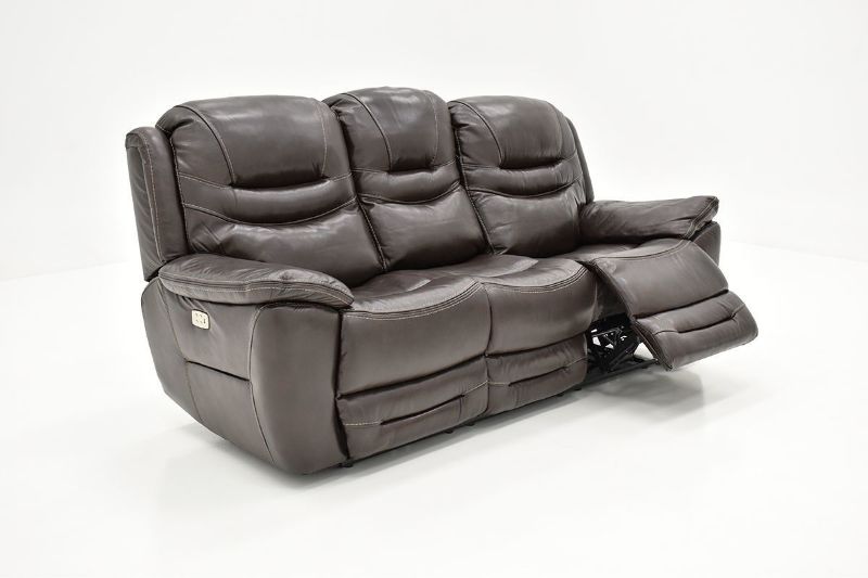 Slightly Angled View of the Dallas POWER Reclining Sofa in Brown with Footrest Opened | Home Furniture Plus Bedding