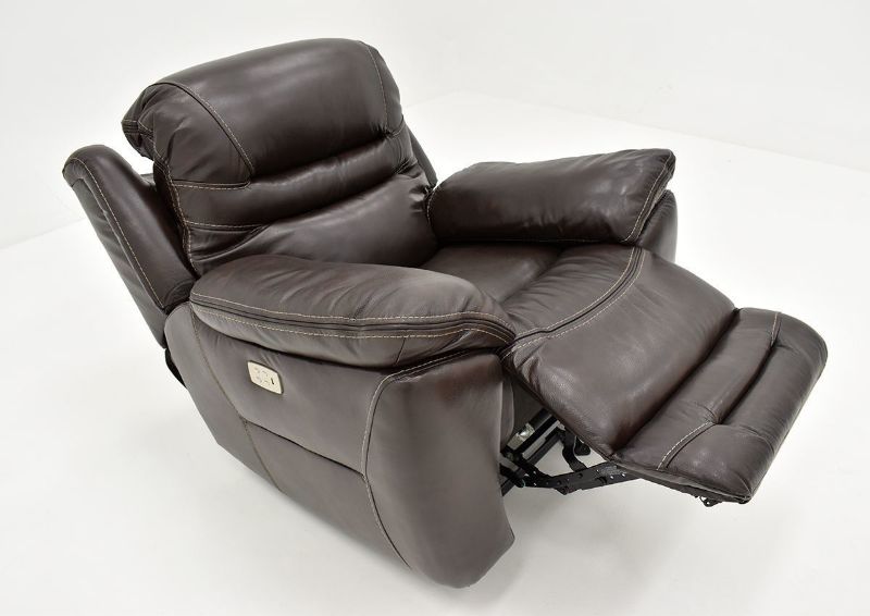 Slightly Angled View of the Reclined Dallas POWER Recliner in Brown with Footrest Opened | Home Furniture Plus Bedding