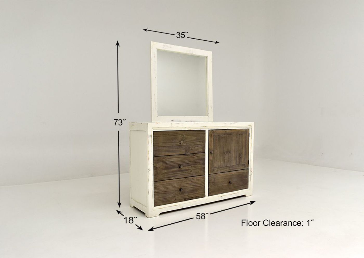 Dimension Details on the Two-Tone White with Brown Windjammer Dresser with Mirror by Vintage Furniture | Home Furniture Plus Bedding