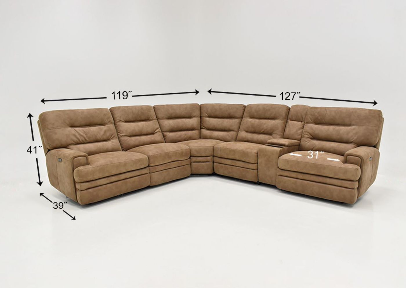 Dimension Details of the Maxwell POWER Reclining Sectional Sofa in Brown by KUKA Home | Home Furniture Plus Bedding