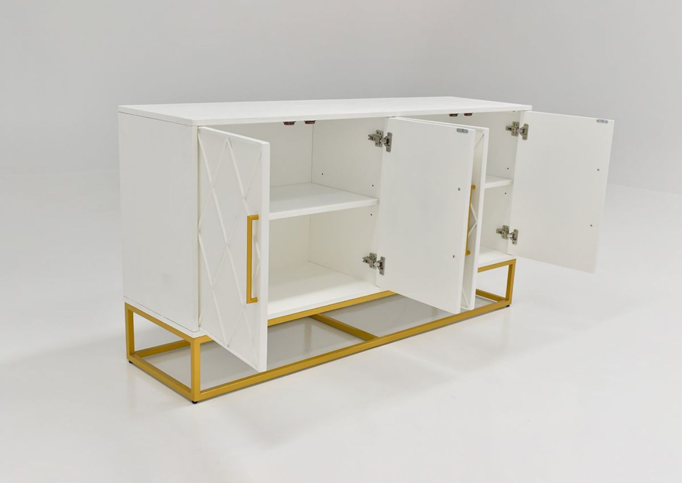 Slightly Angled View with Cabinet Doors Opened of the Argyle Glen 60 Inch Cabinet in White and Gold by Jofran | Home Furniture Plus Bedding