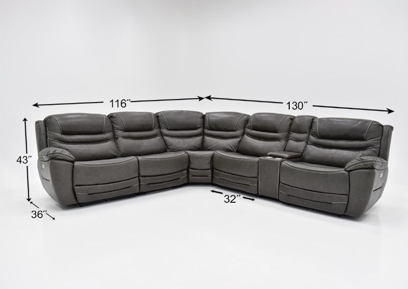 Dimension Details of the GRAY Dallas POWER ACTIVATED Reclining Sectional Sofa by KUKA Home | Home Furniture Plus Bedding