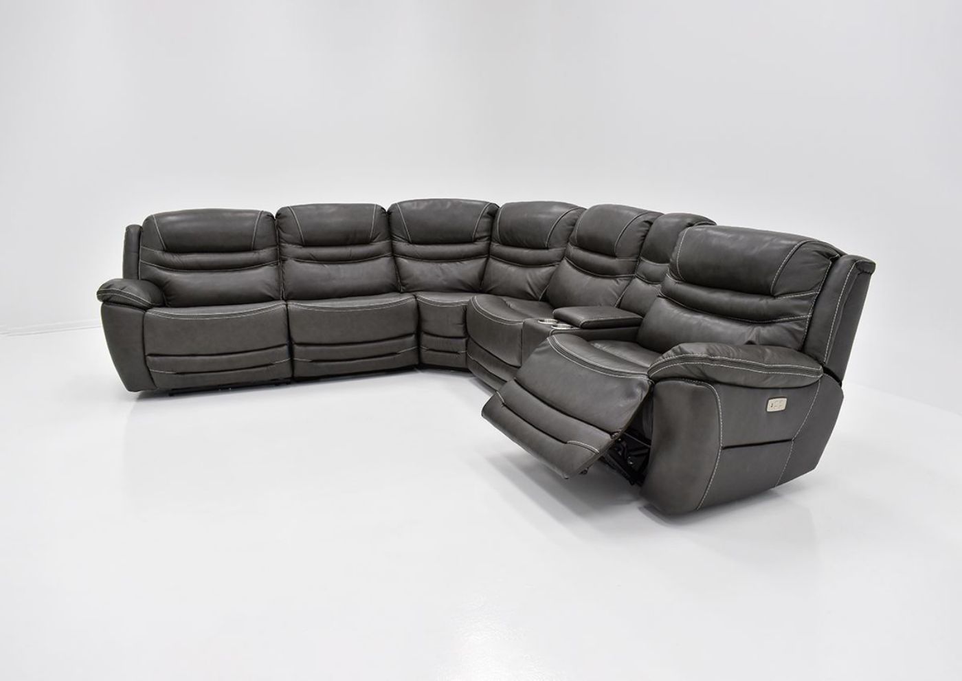 Slightly Angled View with Footrest Raised on the GRAY Dallas POWER ACTIVATED Reclining Sectional Sofa by KUKA Home | Home Furniture Plus Bedding