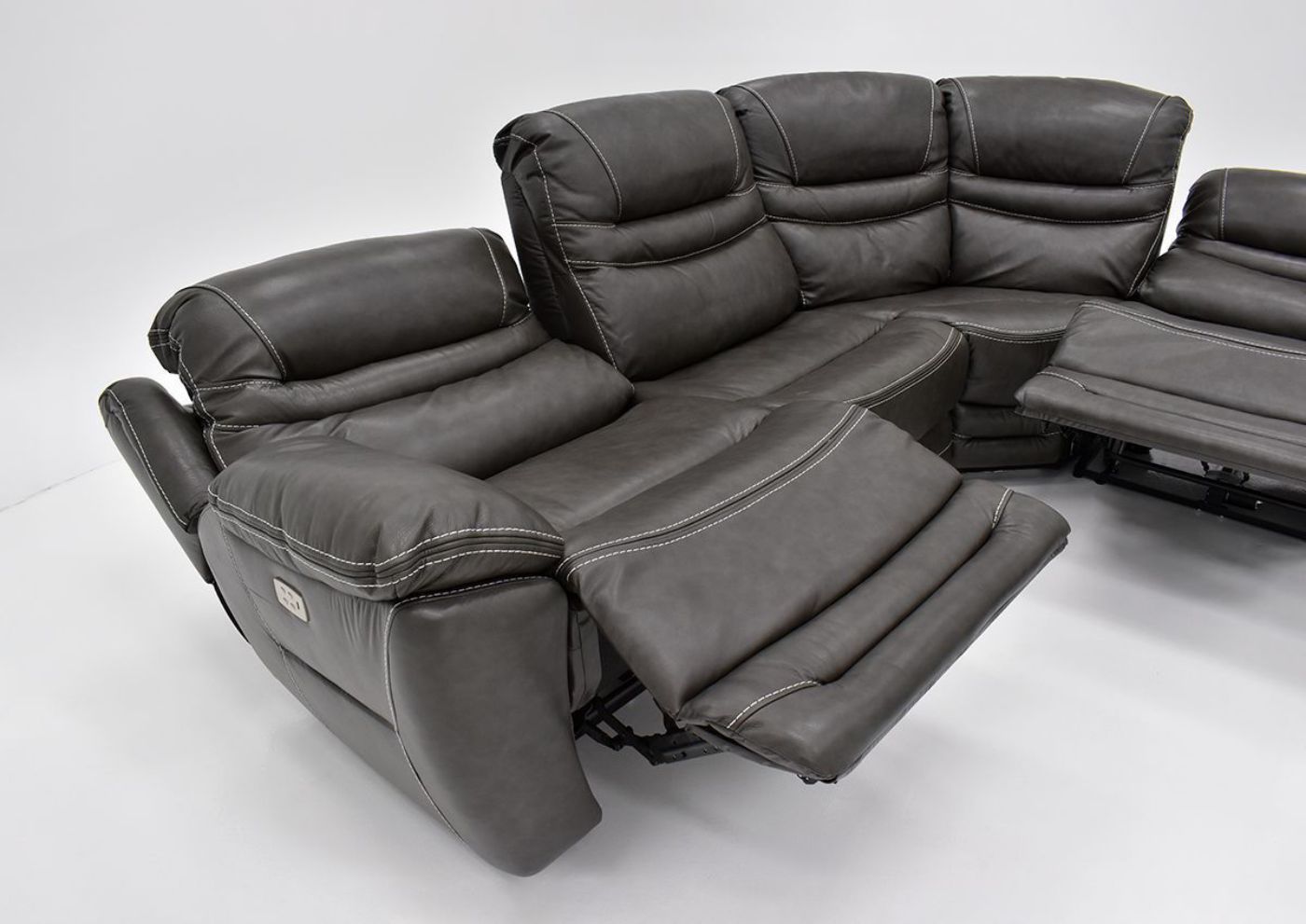 Close Up View of the Fully Reclined Back and Extended Footrest on the GRAY Dallas POWER ACTIVATED Reclining Sectional Sofa by KUKA Home | Home Furniture Plus Bedding