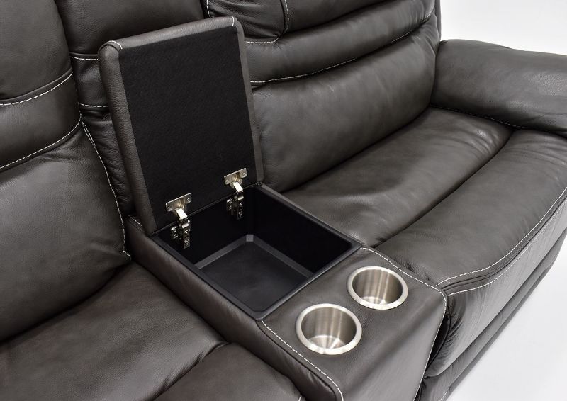 Close Up View of the Storage Console with Cup Holders on the GRAY Dallas POWER ACTIVATED Reclining Sectional Sofa by KUKA Home | Home Furniture Plus Bedding