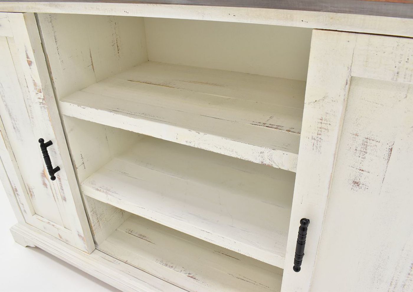 Close Up View of Front Shelves on the Harp Buffet Storage Cabinet in White by Vintage Furniture | Home Furniture Plus Bedding