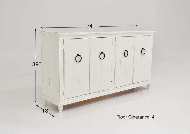 Dimension Details of  the Harlow 4 Door Console Cabinet in White by Vintage Furniture | Home Furniture Plus Bedding