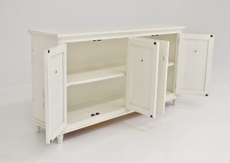 Slightly Angled View with Doors Opened on the Harlow 4 Door Console Cabinet in White by Vintage Furniture | Home Furniture Plus Bedding