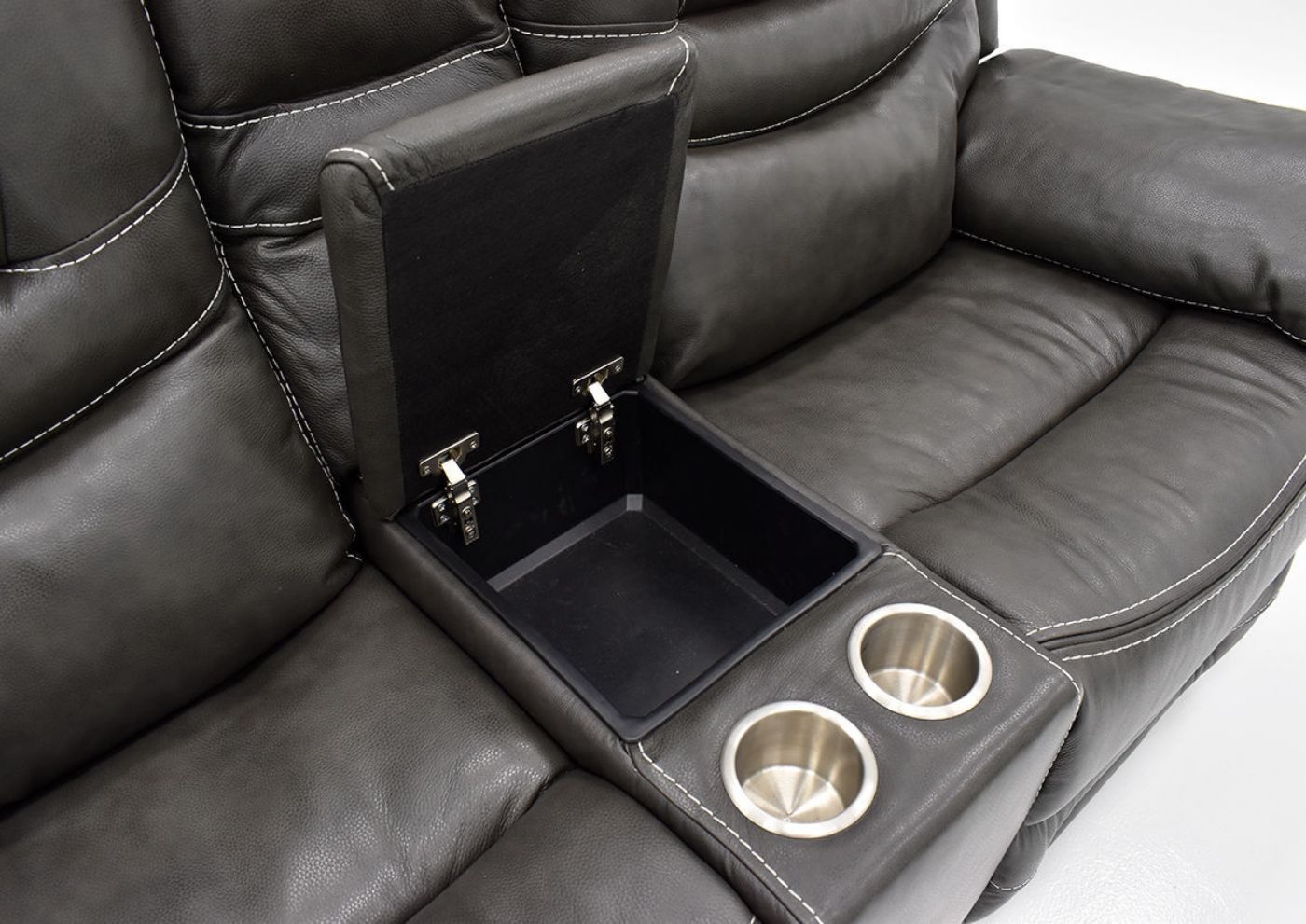 	Close Up View of the Center Console and Cupholders on the Dallas POWER Reclining Loveseat in Gray | Home Furniture Plus Bedding