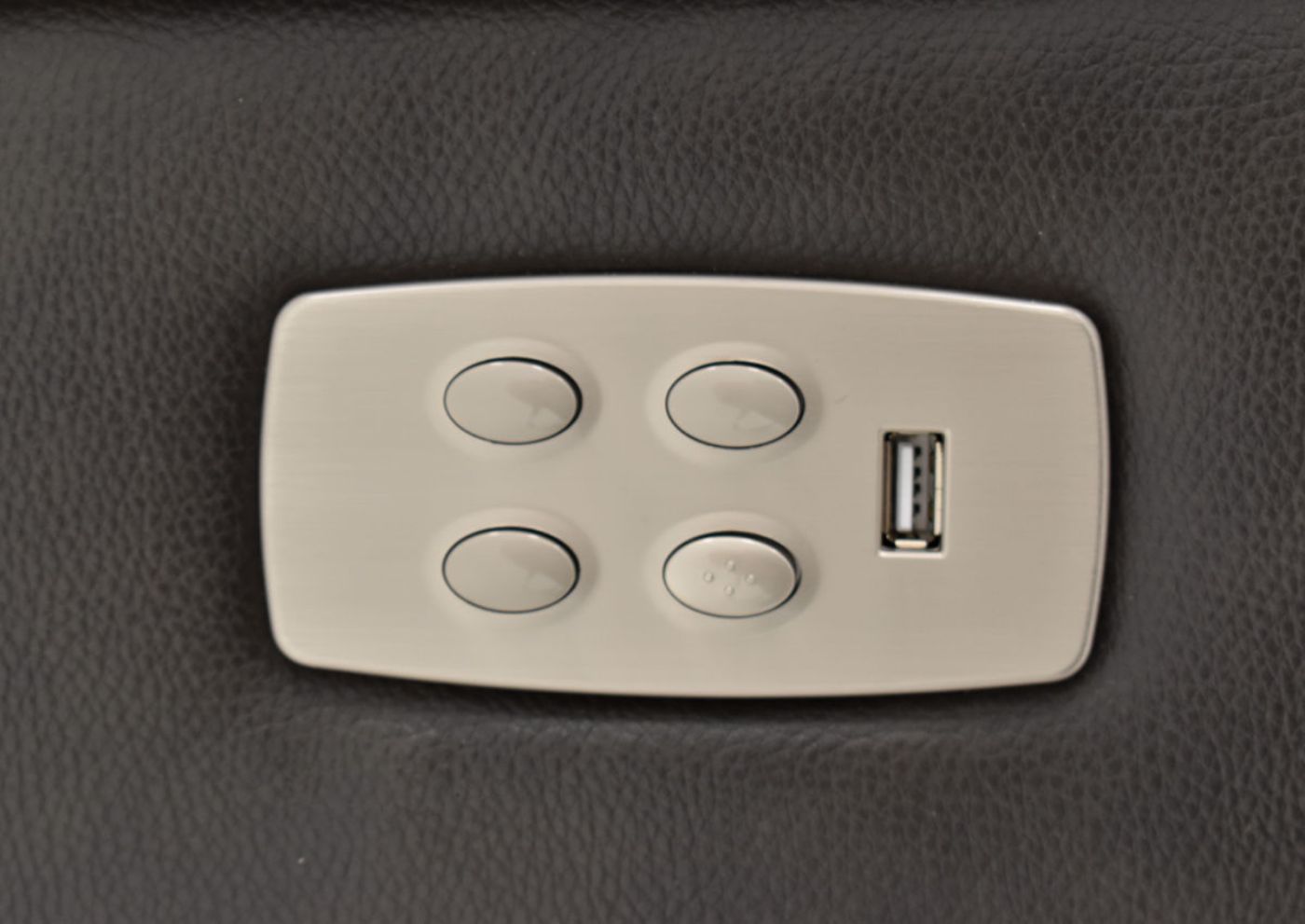 Close Up View of the USB Port and Power Controls on the Dallas POWER Reclining Sofa Set in Gray | Home Furniture Plus Bedding