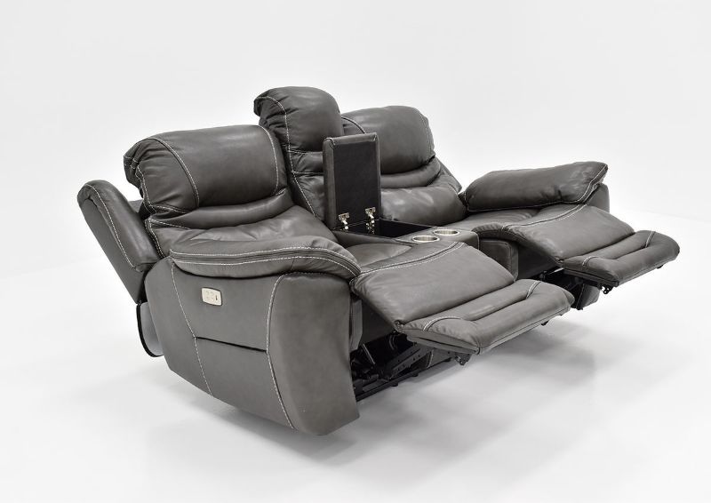 Slightly Angled View of the Front of the Dallas POWER Reclining Loveseat in Gray With Recliners Open | Home Furniture Plus Bedding