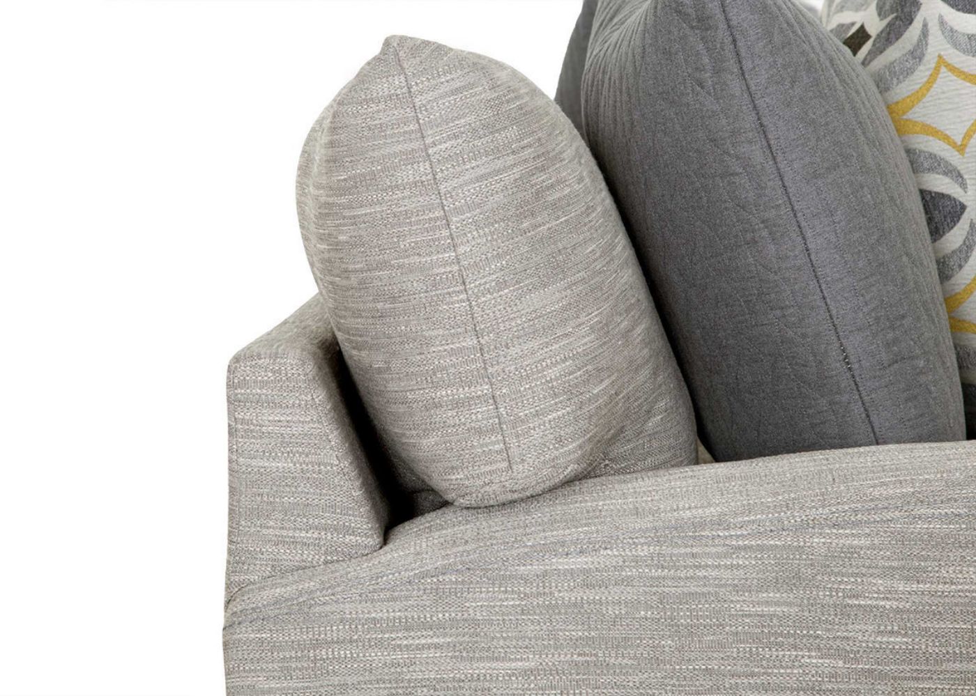 Close Up View of the Pillows and Arm on the Barton 3 Piece Sectional Sofa in Gray by Franklin Corporation | Home Furniture Plus Bedding
