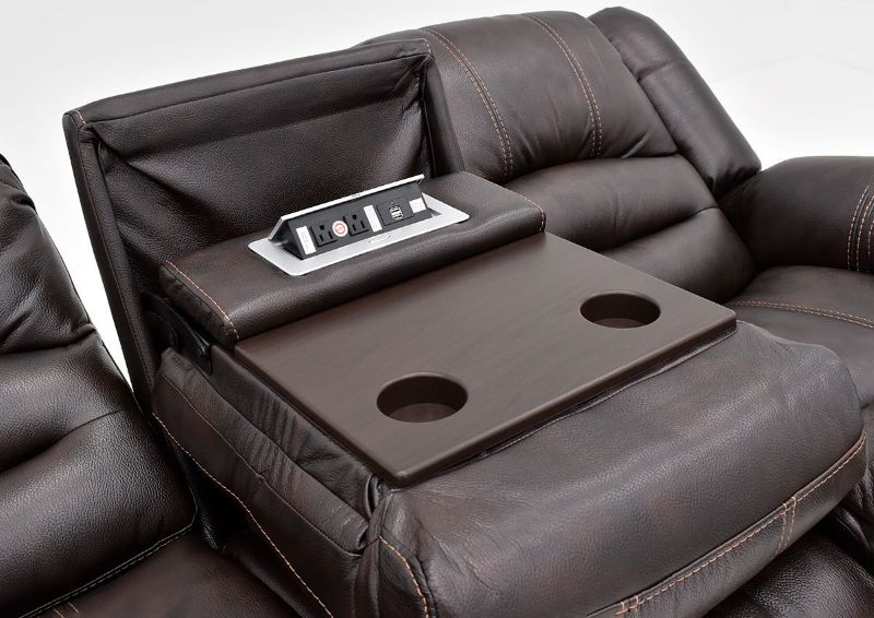 Close Up View of the Center Console with Power Ports on the Torino Reclining Sofa in Brown by Man Wah | Home Furniture Plus Bedding