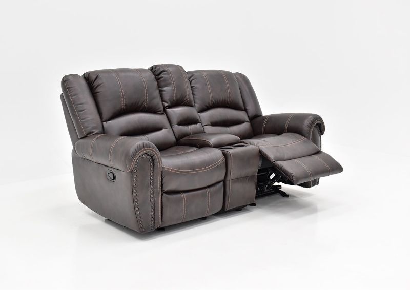 Slightly Angled View with the Footrest Opened of the Torino Reclining Loveseat in Brown by Man Wah | Home Furniture Plus Bedding