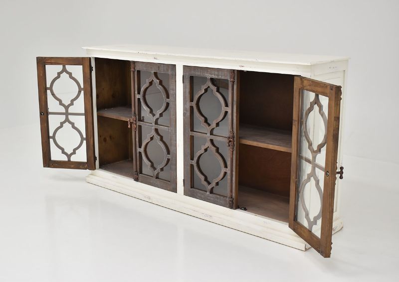 Slightly Angled  View of the White India 4 Door Console Cabinet by Vintage Furniture Showing the Doors Open | Home Furniture Plus Bedding