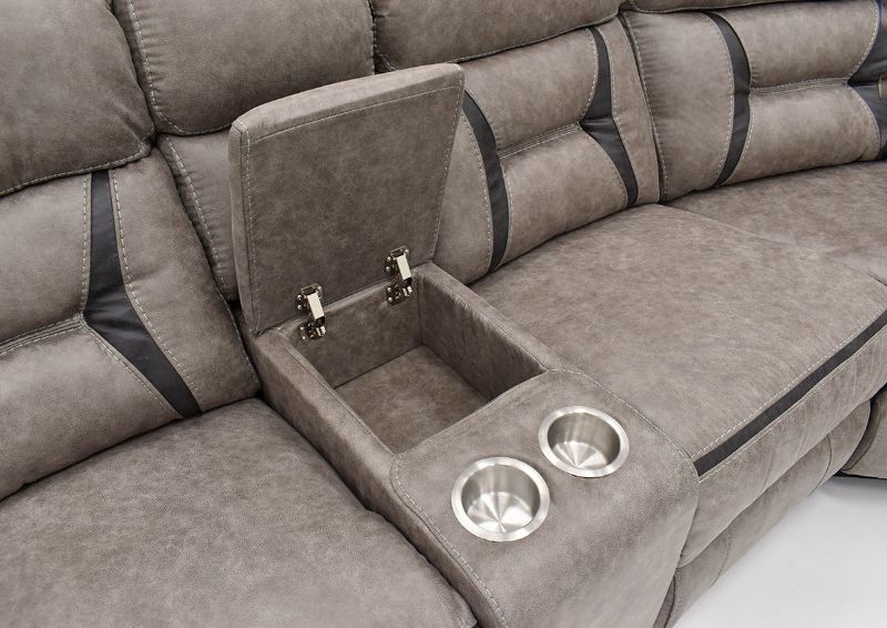 Close Up View of the Open Console on the  Acropolis Reclining Sectional Sofa in Taupe by Standard Furniture | Home Furniture Plus Bedding