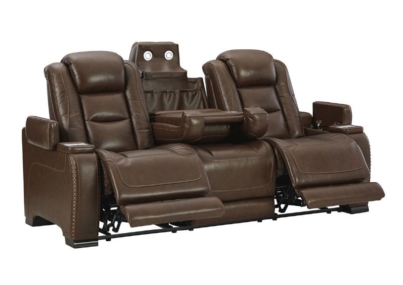 Angled View of the Man-Den Power Reclining Sofa in Mahogany Brown by Ashley Furniture | Home Furniture Plus Bedding