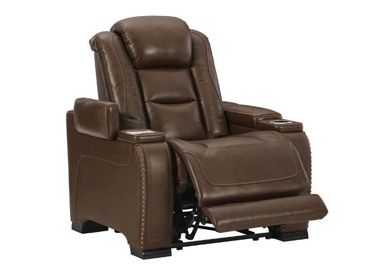 Slightly Angled View of the Man-Den Power Recliner in Mahogany Brown by Ashley Furniture | Home Furniture Plus Bedding