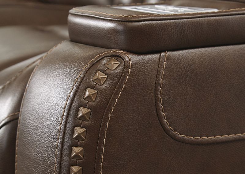 Close Up View of the Stitching on the Man-Den Power Recliner in Mahogany Brown by Ashley Furniture | Home Furniture Plus Bedding