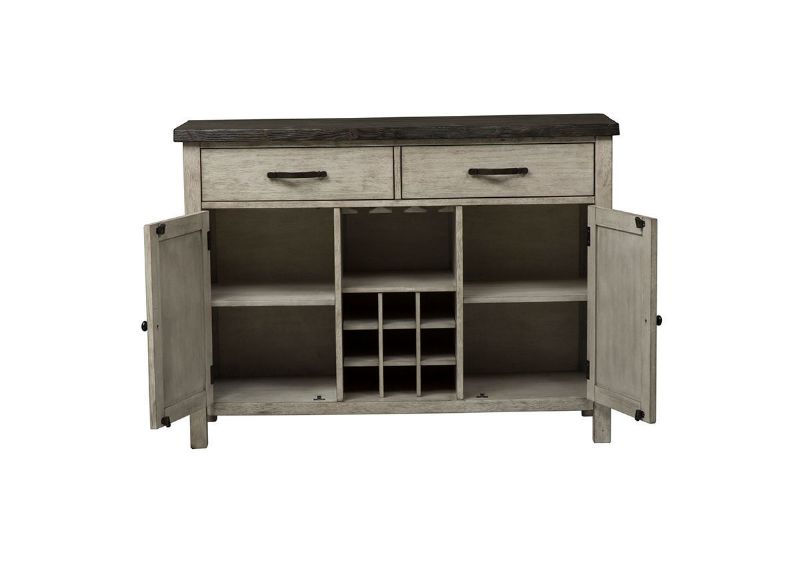 Front Facing View with Open Doors on the Willowrun Sideboard in Rustic White with Weathered Gray Top by Liberty Furniture | Home Furniture Plus Bedding