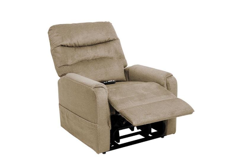 Slightly Angled View of the Mega Motion Lift Chair in Stone With Extended Footrest | Home Furniture Plus Bedding