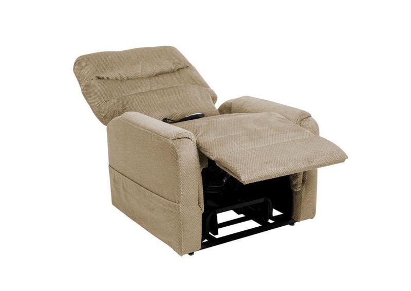 Slightly Angled View of the Fully Reclined Mega Motion Lift Chair in Stone | Home Furniture Plus Bedding