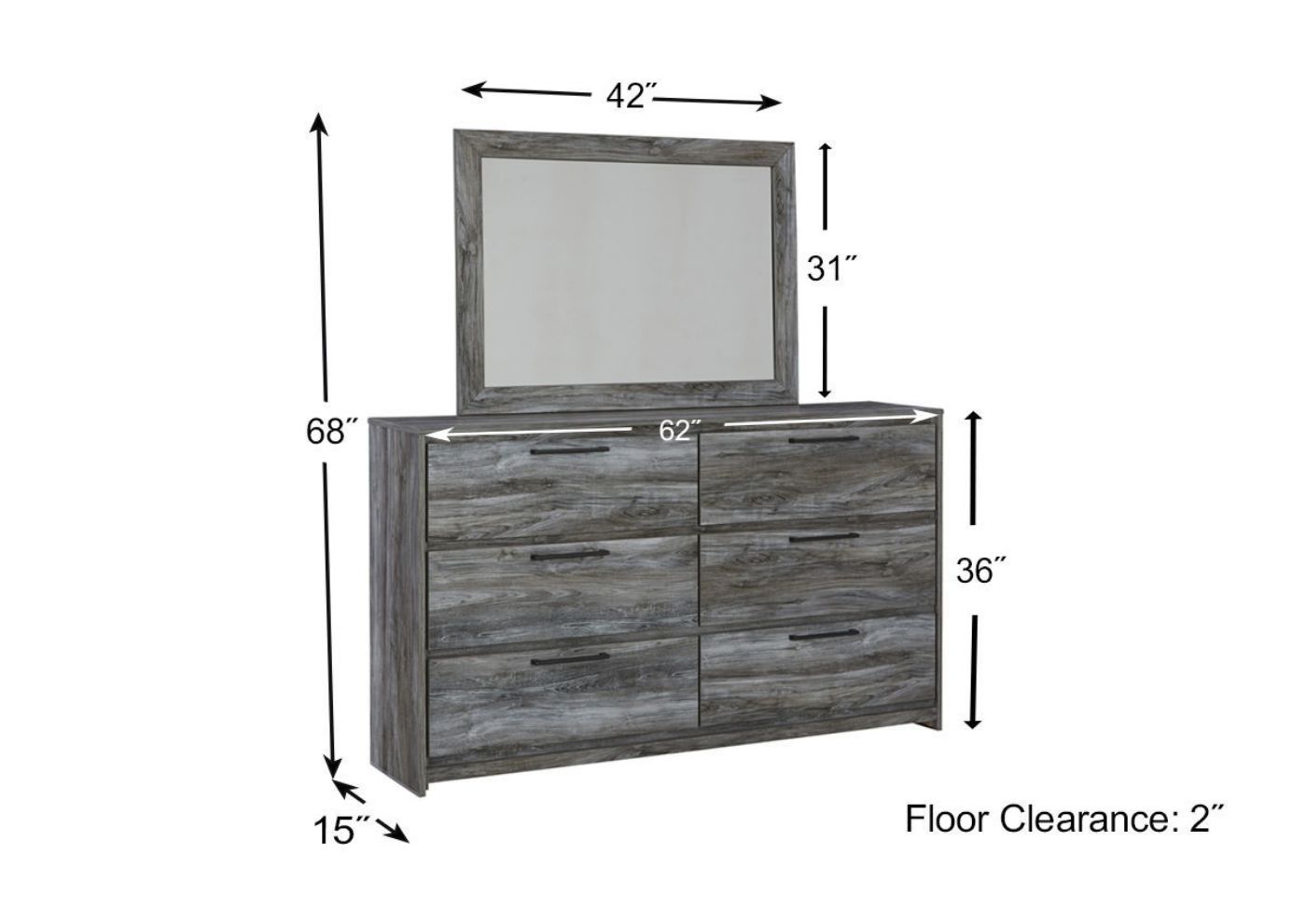 Dimension Details of the Baystorm Dresser with Mirror in Gray by Ashley Furniture | Home Furniture Plus Bedding