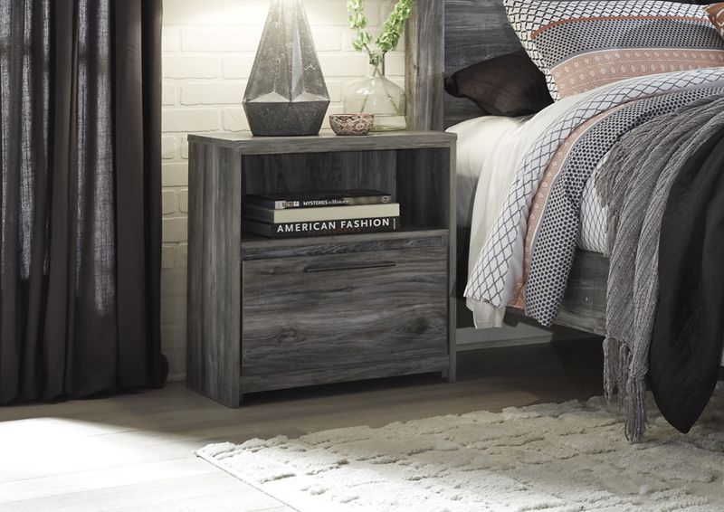 Room View of the Baystorm Nightstand in Gray by Ashley Furniture | Home Furniture Plus Bedding