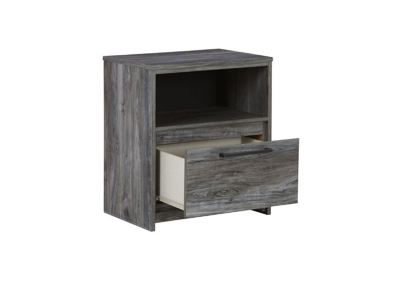 Slightly Angled View  of the Baystorm Nightstand in Gray by Ashley Furniture | Home Furniture Plus Bedding