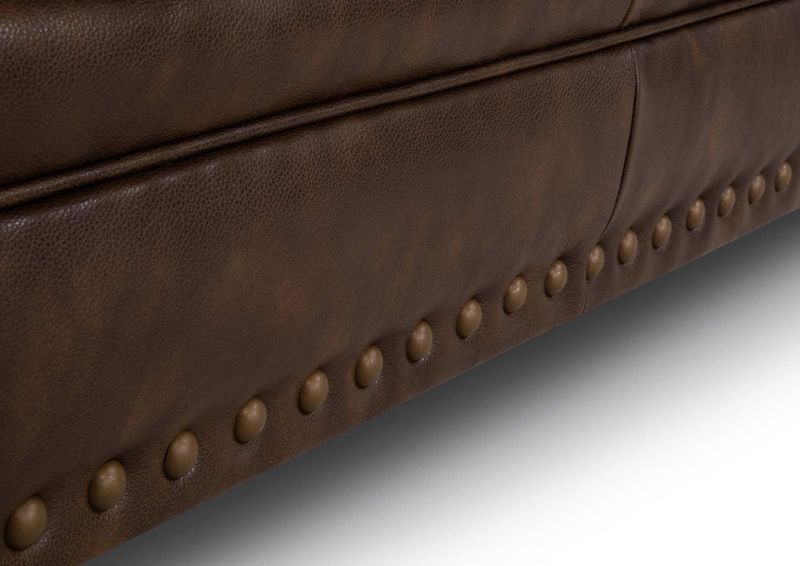 Slightly Angled Close Up  View of the Nailhead Trim on the Tula Leather Sofa Set in Brown by Franklin Industries | Home Furniture Plus Bedding