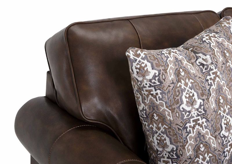Close Up  View of the Back Cushion and Accent Pillow on the Tula Leather Sofa Set in Brown by Franklin Industries | Home Furniture Plus Bedding