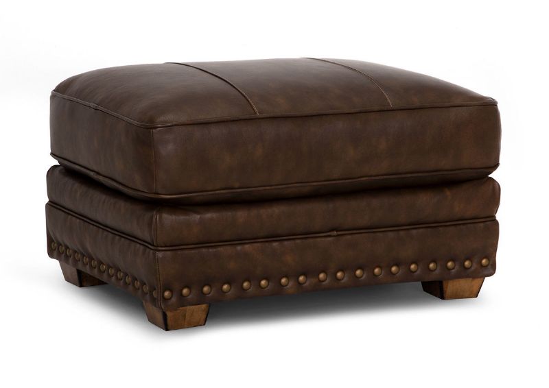 Slightly Angled View of the Tula Leather Ottoman in Brown by Franklin Industries | Home Furniture Plus Bedding