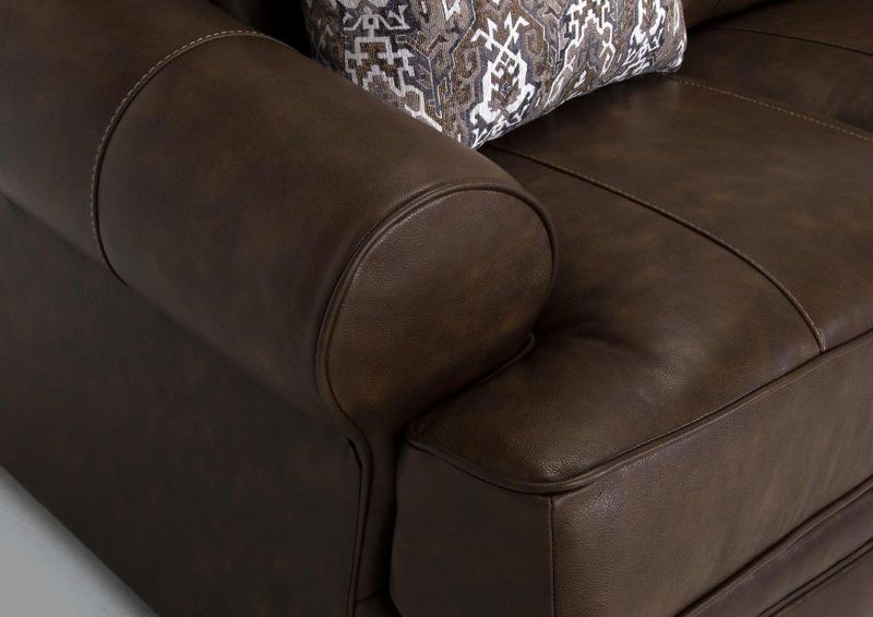 Close Up View of the Rolled Arm on the  Tula Leather Loveseat in Brown by Franklin Industries | Home Furniture Plus Bedding