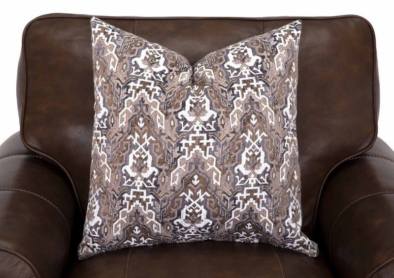 Front Facing View of Accent Pillow and Back Cushion on the Tula Leather Chair in Brown by Franklin Industries | Home Furniture Plus Bedding