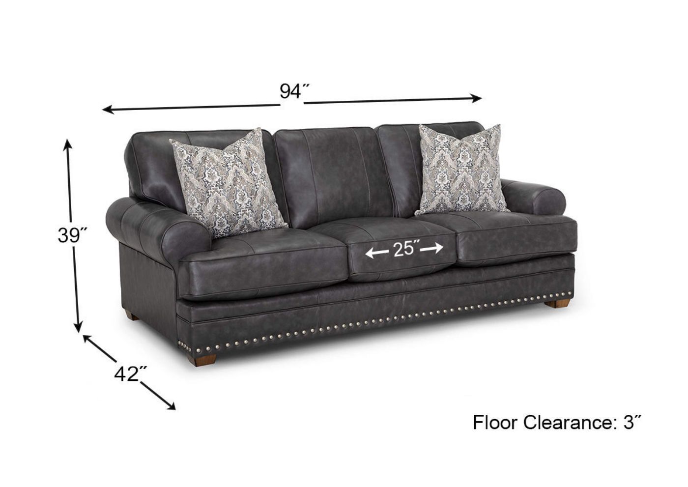 Dimension Details of the Della Leather Sofa in Gray by Franklin Corporation | Home Furniture Plus Bedding