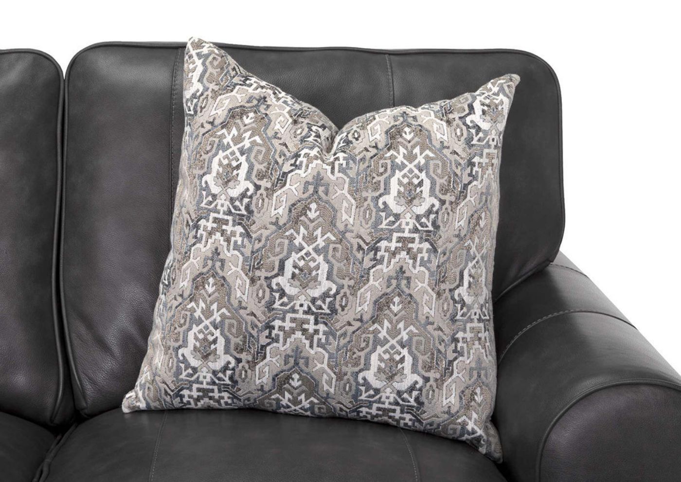 Close Up View of the Back Cushion and Accent Pillow on the Della Leather Sofa in Gray by Franklin Corporation | Home Furniture Plus Bedding