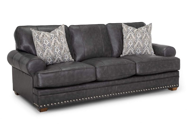 Slightly Angled View of the Della Leather Sofa in Gray by Franklin Corporation | Home Furniture Plus Bedding
