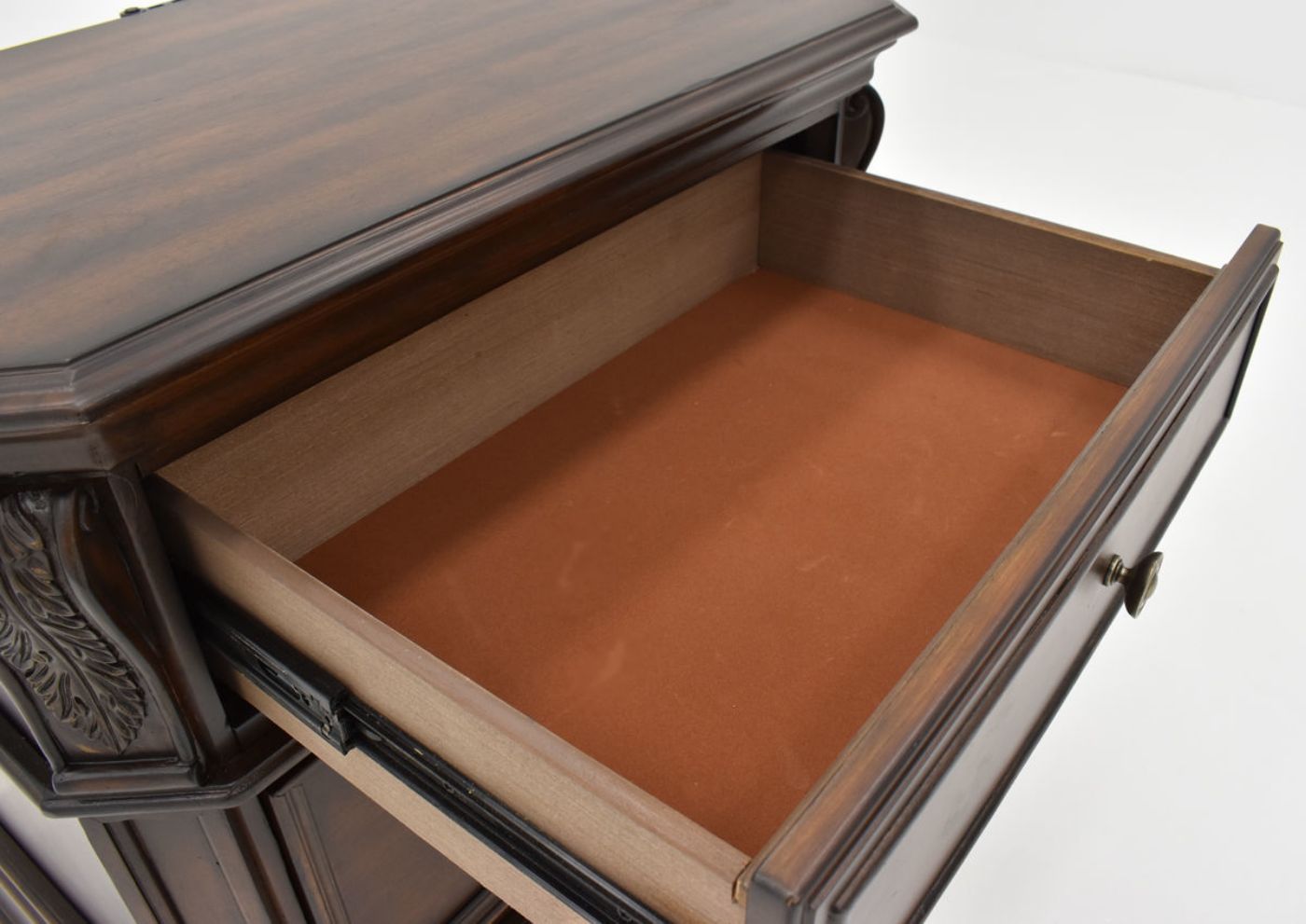 Close Up View of the Upper Drawer Interior on the Devonshire Two Drawer Nightstand in Cherry Brown by Avalon Furniture | Home Furniture Plus Bedding