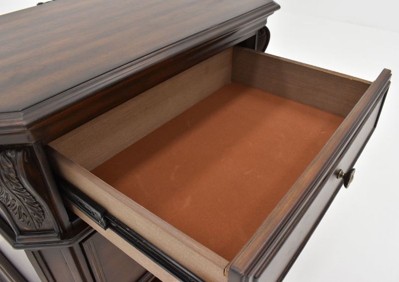 Close Up View of the Upper Drawer Interior on the Devonshire Two Drawer Nightstand in Cherry Brown by Avalon Furniture | Home Furniture Plus Bedding