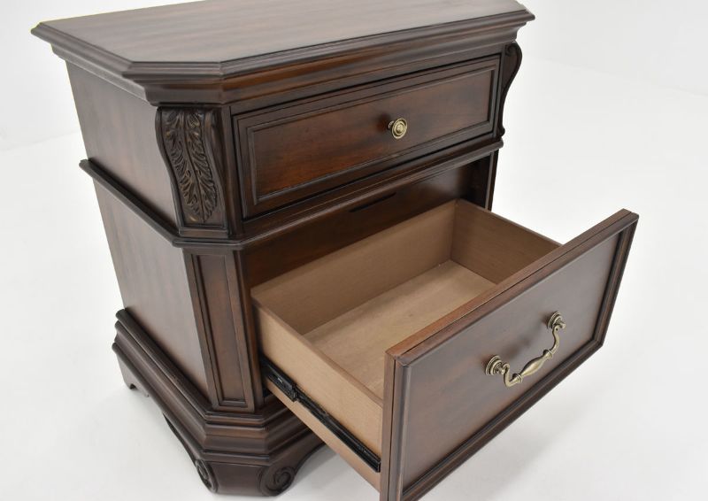 Close Up View of the Bottom Drawer Interior on the Devonshire Two Drawer Nightstand in Cherry Brown by Avalon Furniture | Home Furniture Plus Bedding