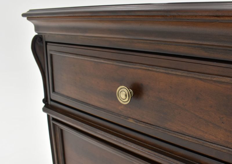 Close Up View of the Knob on the Devonshire Two Drawer Nightstand in Cherry Brown by Avalon Furniture | Home Furniture Plus Bedding