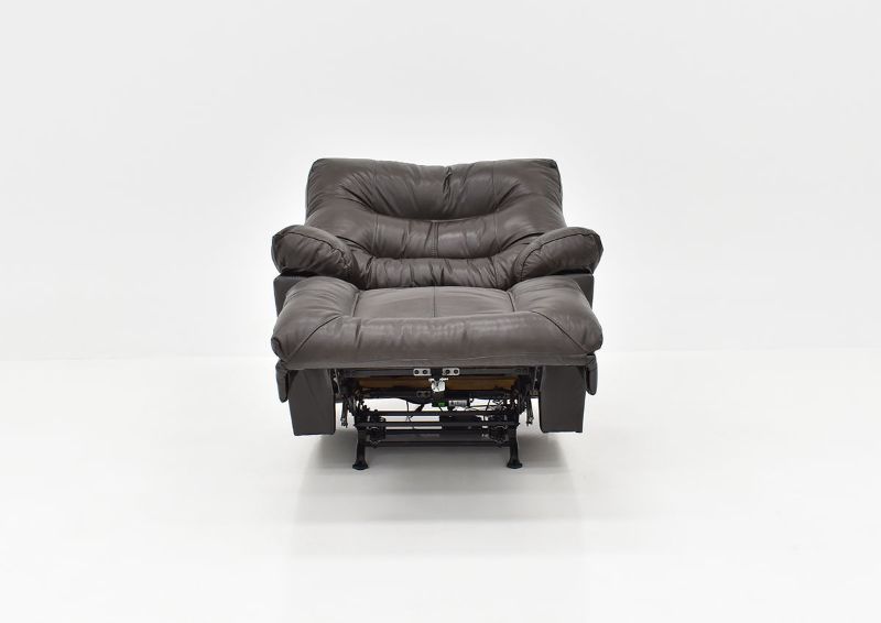 Reclined Front Facing View of the Boss Leather Rocker Recliner in Dark Chocolate by Franklin Corporation | Home Furniture Plus Bedding