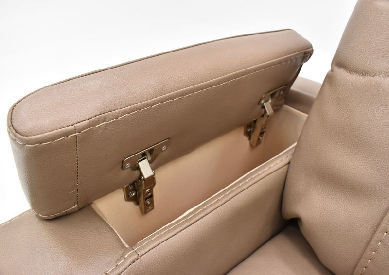Close Up View of the Armrest Storage on the Origin POWER Home Theater Recliner in Taupe by Parker House Furniture | Home Furniture Plus Bedding