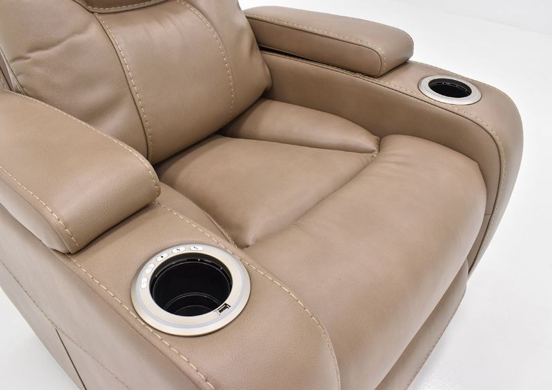 Close Up View of the Arms with Cupholders on the Origin POWER Home Theater Recliner in Taupe by Parker House Furniture | Home Furniture Plus Bedding