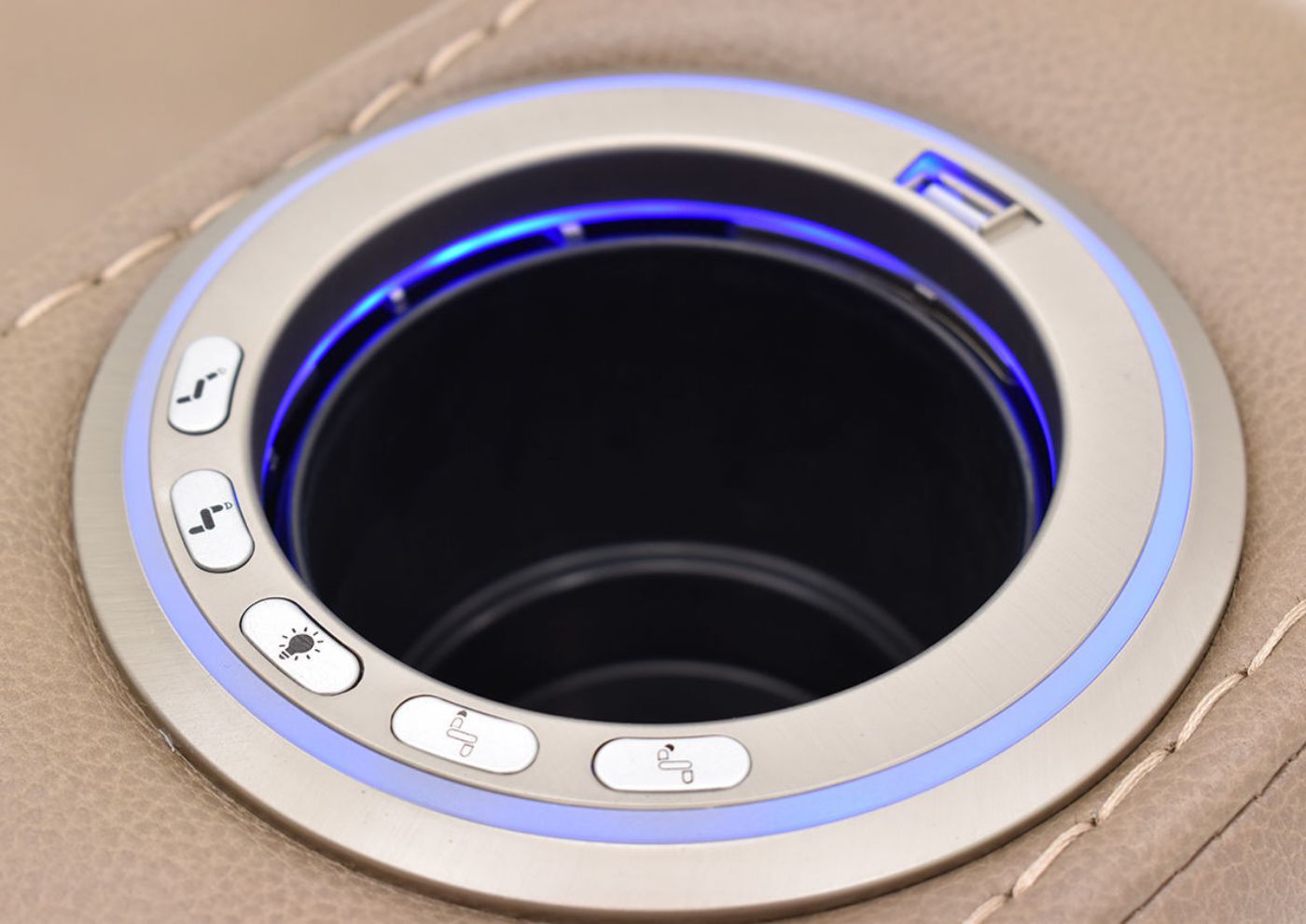 Close Up View of the Cupholder on the Origin POWER Home Theater Recliner in Taupe by Parker House Furniture | Home Furniture Plus Bedding